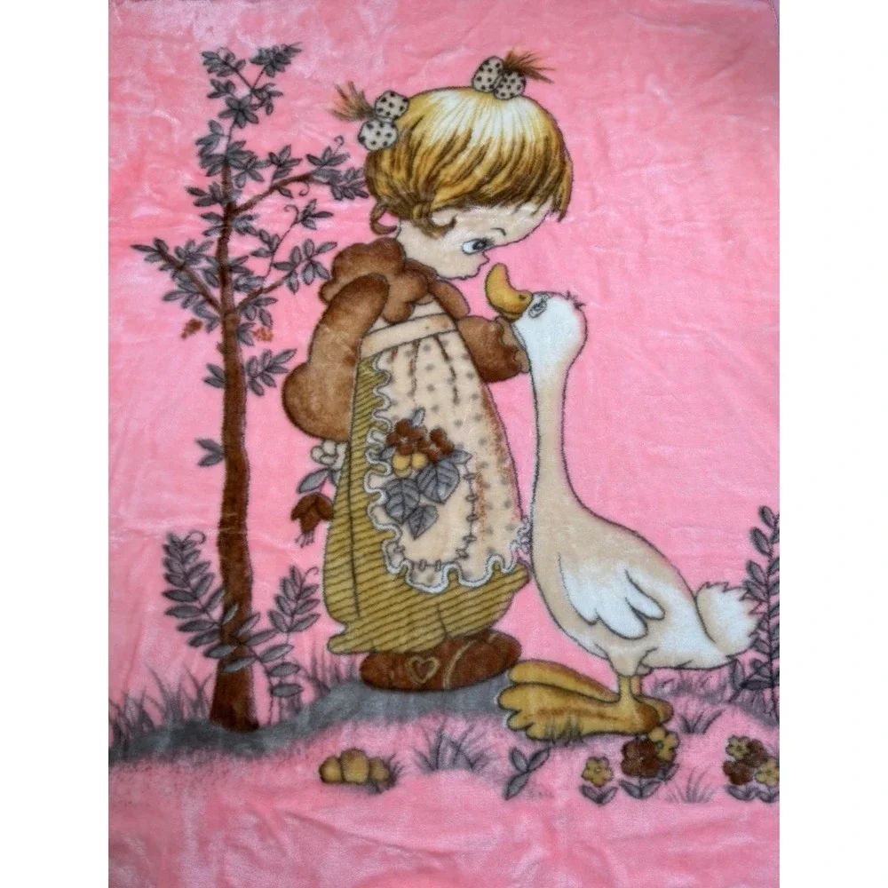 Vtg Korean Mink Baby Blanket Precious Moments Girl Duck Goose Pink Cottage 80s